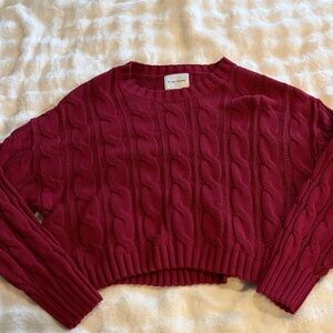 Pink Rose Cable Knit Cropped Sweater in Deep Berry